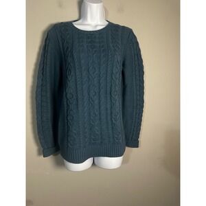 LL Bean Womens The Original Double L Sweater Cable Crewneck Teal Blue Cotton M